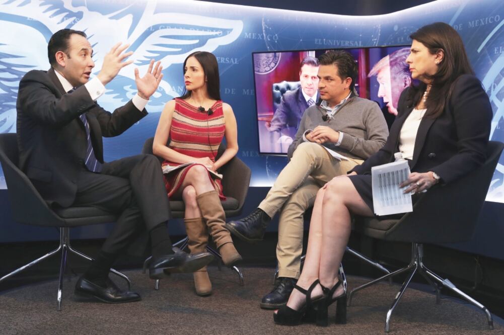 Los senadores Roberto Gil, del PAN (primero de izq. a der.); Zoe Robledo, del PRD, y Marcela Guerra, del PRI (primera de der. a izq.), hablaron para EL UNIVERSAL de las negociaciones México-EU. (JUAN BOITES. EL UNIVERSAL)
