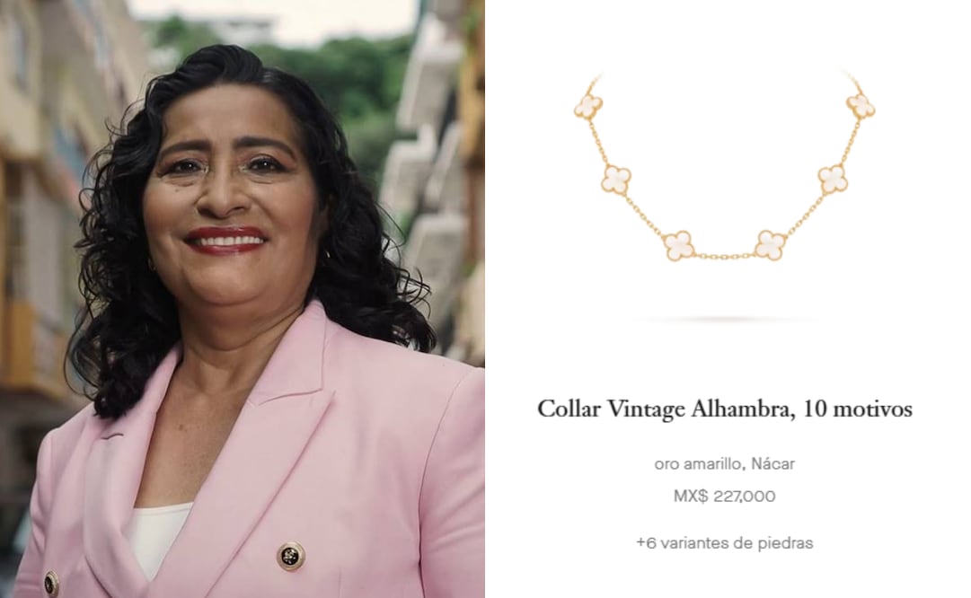 Alcaldesa de Acapulco asegura que collar de 227 mil pesos es un regalo del pueblo (27/10/2025). Foto: Especial