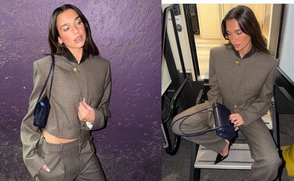 Sastre de cuadros en tonos neutros con zapatillas de tacón, una opción cómoda. Foto: Instagram @dualipa