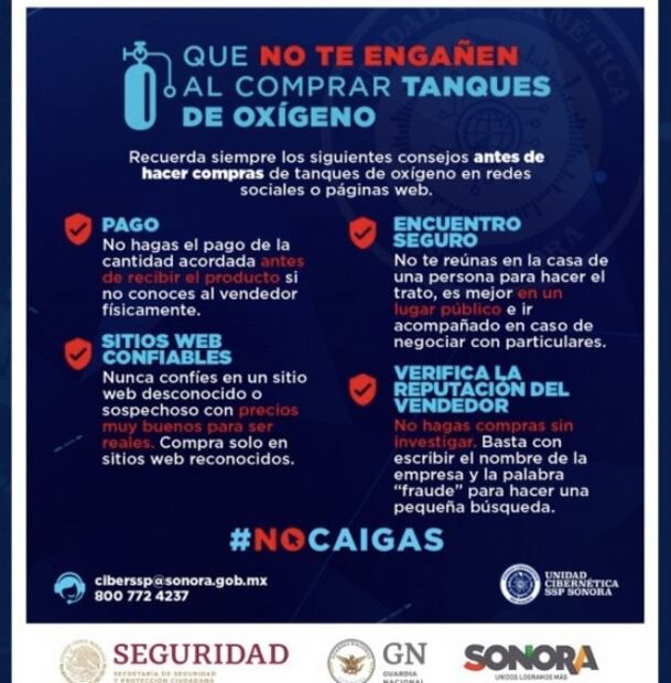 Unidad Cibernética alerta de fraudes online en venta de tanques de oxígeno en Sonora