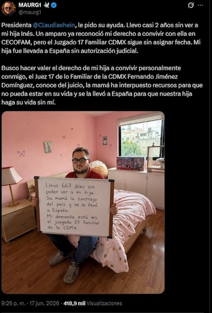 Maurg1 pide ayuda a Claudia Sheinbaum para ver a su hija tras dos años de separación. Foto: Captura de pantalla