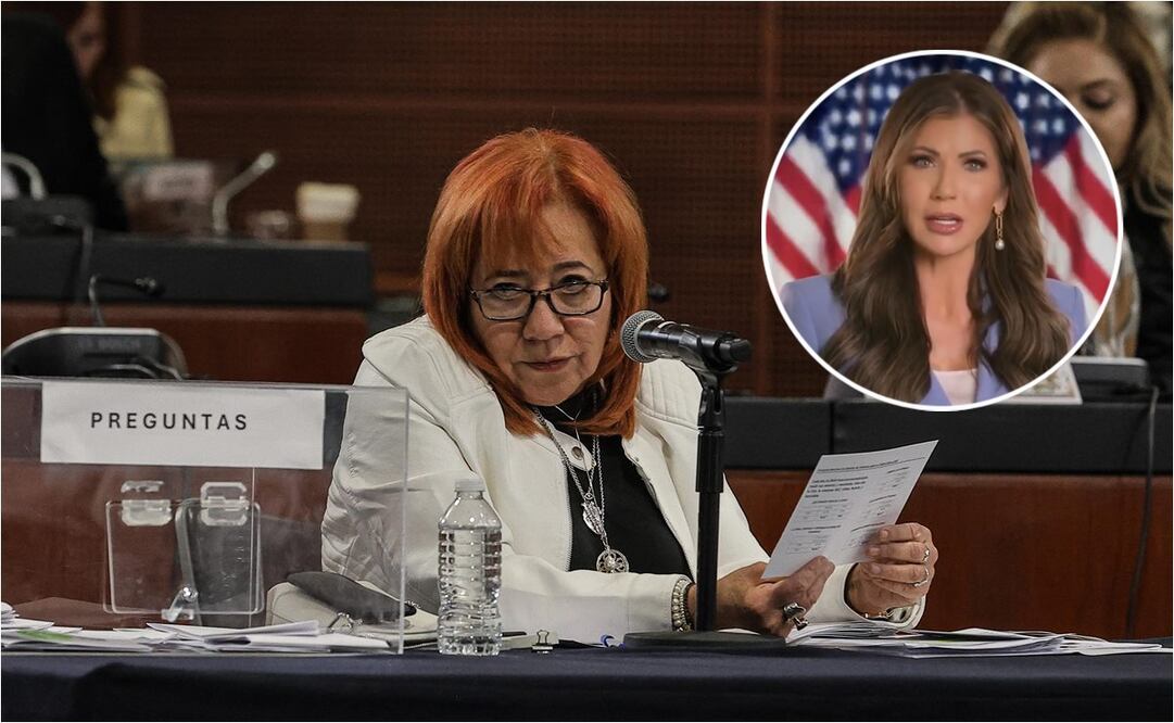 Rosario Piedra Ibarra, titular de la CNDH. En el círculo: Kristi Noem, secretaria de Seguridad Nacional. Fotos: Gabriel Pano / EL UNIVERSAL  y captura de pantalla.