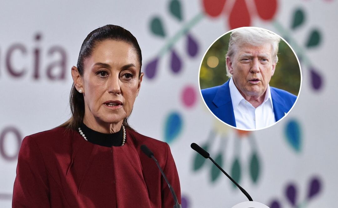 Conferencia del pueblo con la presidenta Claudia Sheinbaum en Palacio Nacional el 25 de junio de 2025 y el presidente de Estados Unidos, Donald Trump. Fotos: Berenice Fregoso / EL UNIVERSAL y EFE