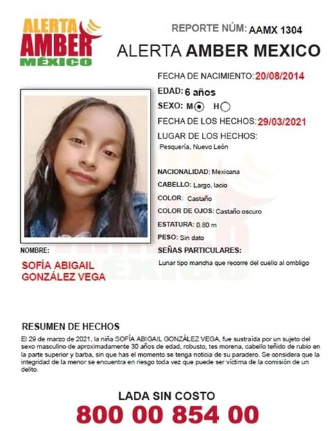 Activan Alerta Amber por desaparición de Sofía Abigail de 6 años en Nuevo León