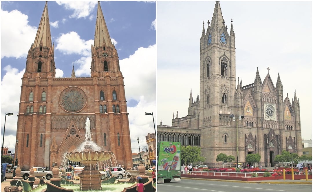 La parroquia de San José Obrero Arandas (izquierda) y el Templo Expiatorio (derecha), ambos en Jalisco, son objeto de estudio y análisis en el libro por su influencia neogótica en sus construcciones. Fotos: Martín Checa Artasu