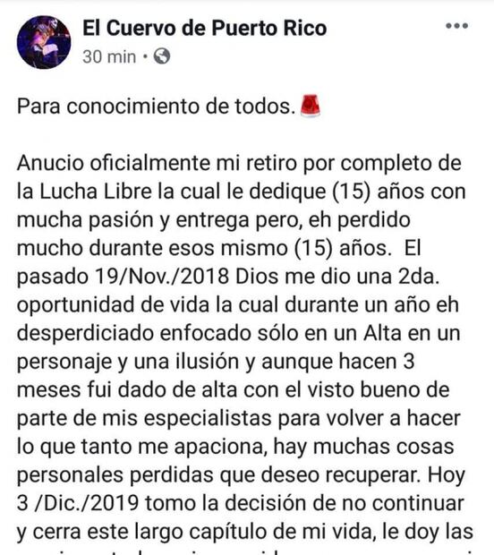 El Cuervo de Puerto Rico se retira de la lucha libre