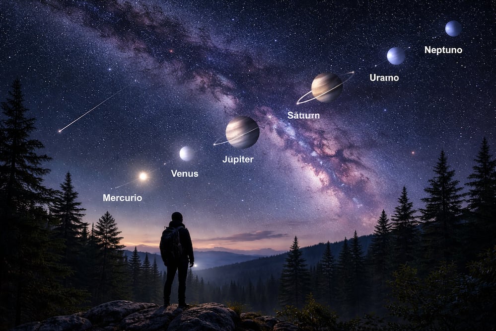 Conoce estos consejos prácticos para ver la alineación planetaria de febrero de 2026. Foto: Creada con IA (ChatGPT)