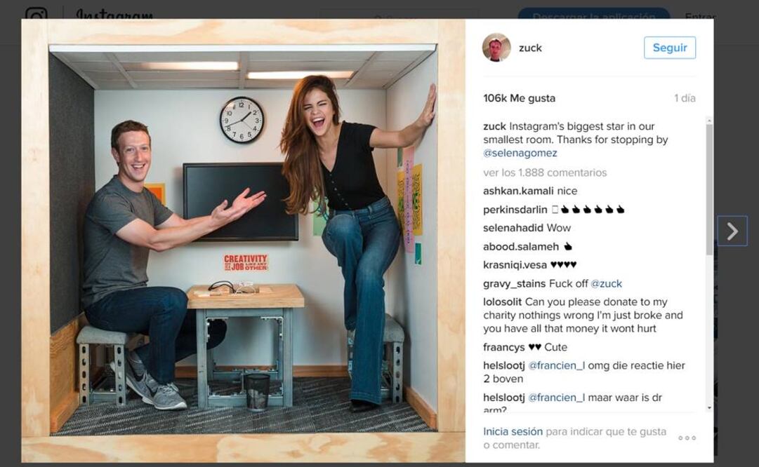 "Reunión con la estrella más grande de Instagram, en nuestra habitación más pequeña”, escribió el empresario. (FOTO de Instagram: zuck)