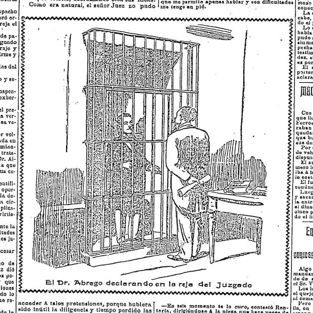 Ilustración del doctor Abrego declarando en el juzgado, de acuerdo con una publicación del diario “El Imparcial” en noviembre de 1898. Imagen: Hemeroteca Nacional Digital de México.