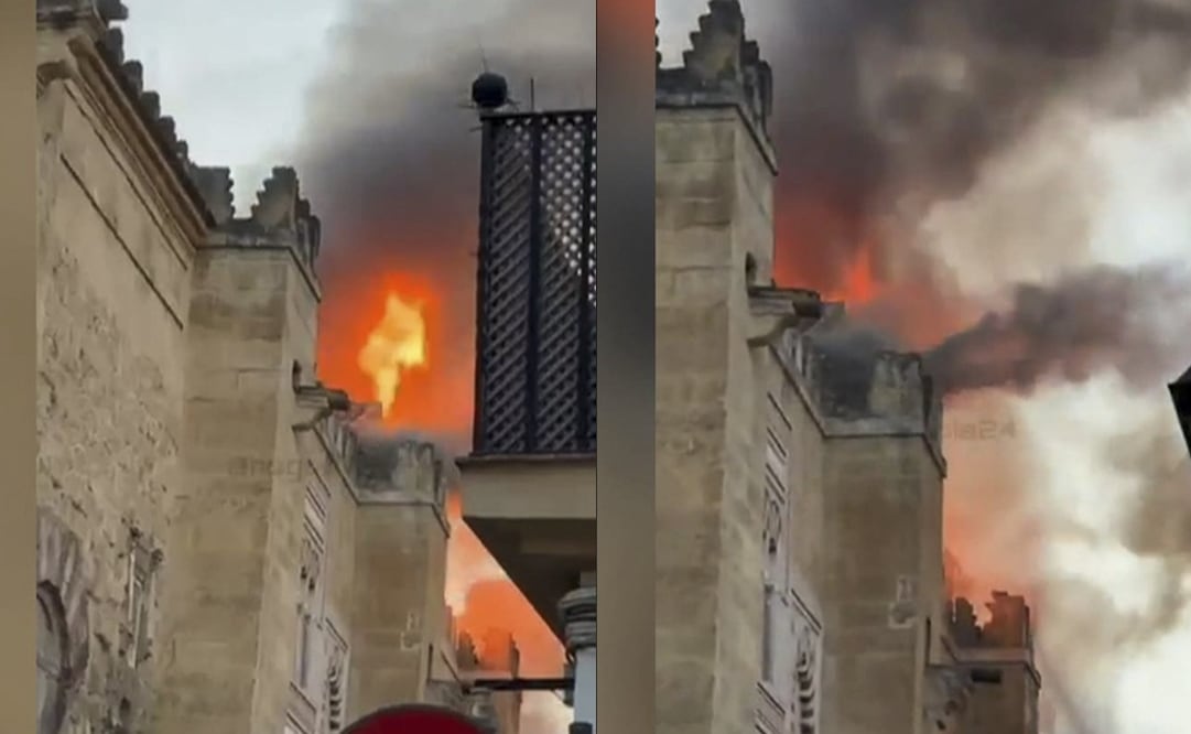 El incendio declarado este viernes en el interior de la Mezquita-Catedral de Córdoba se originó en una de las capillas y  se extendió hasta las cubiertas. Foto:  EFE/Captura de vídeo cedido por los usuarios de X Hugo Piña y Enrique Lancis.