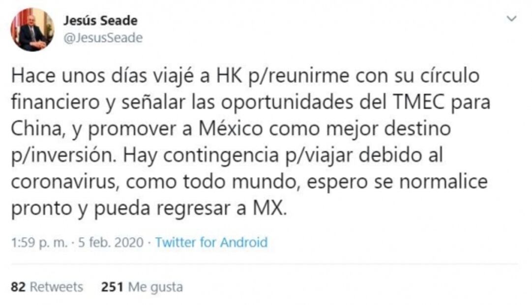 Jesús Seade, varado en China por culpa del coronavirus