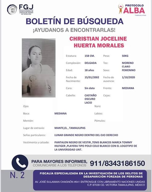 Buscan a estudiante desaparecida en Tamaulipas; ubican su teléfono en SLP 