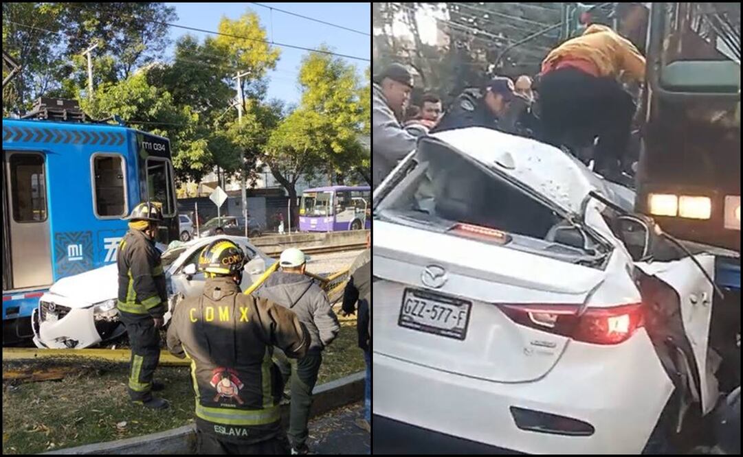 VIDEO: Aparatoso choque de entre unida de Tren Ligero y un Mazda en estación Xomali. Foto: Captura de video.