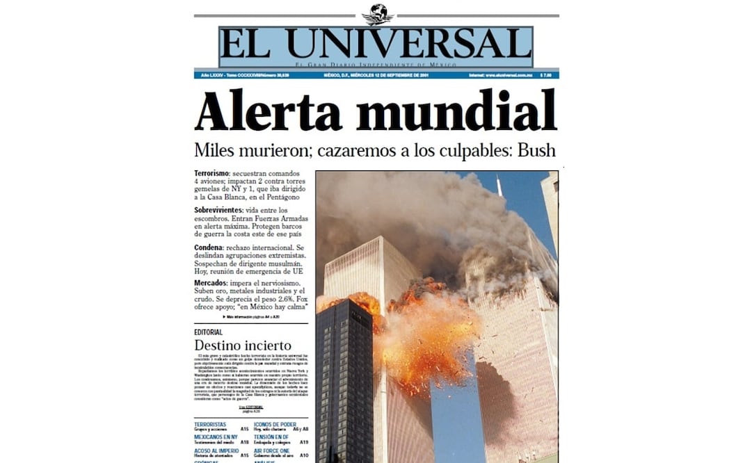 Portada de la edición del 12 de septiembre de 2001 de EL UNIVERSAL. Imagen: Hemeroteca El Universal