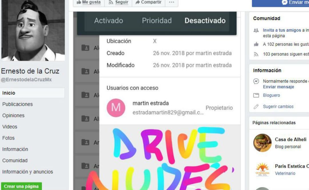 El usuario Ernesto de la Cruz, denunció que una persona identificada, en su cuenta de correo electrónico, como Martín Estrada fue el creador del contenido de Drive Nudes. FOTO: Captura de pantalla