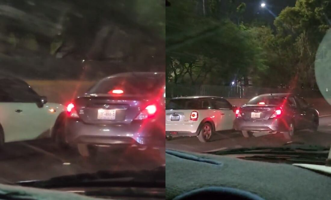Del tercer carril de baja velocidad, los tripulantes de un auto azul cuyas placas fueron captadas en un video, se cruzan al segundo y luego al tercer carril de Periférico Norte. Foto: Captura de video