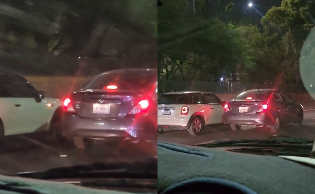 Del tercer carril de baja velocidad, los tripulantes de un auto azul cuyas placas fueron captadas en un video, se cruzan al segundo y luego al tercer carril de Periférico Norte. Foto: Captura de video