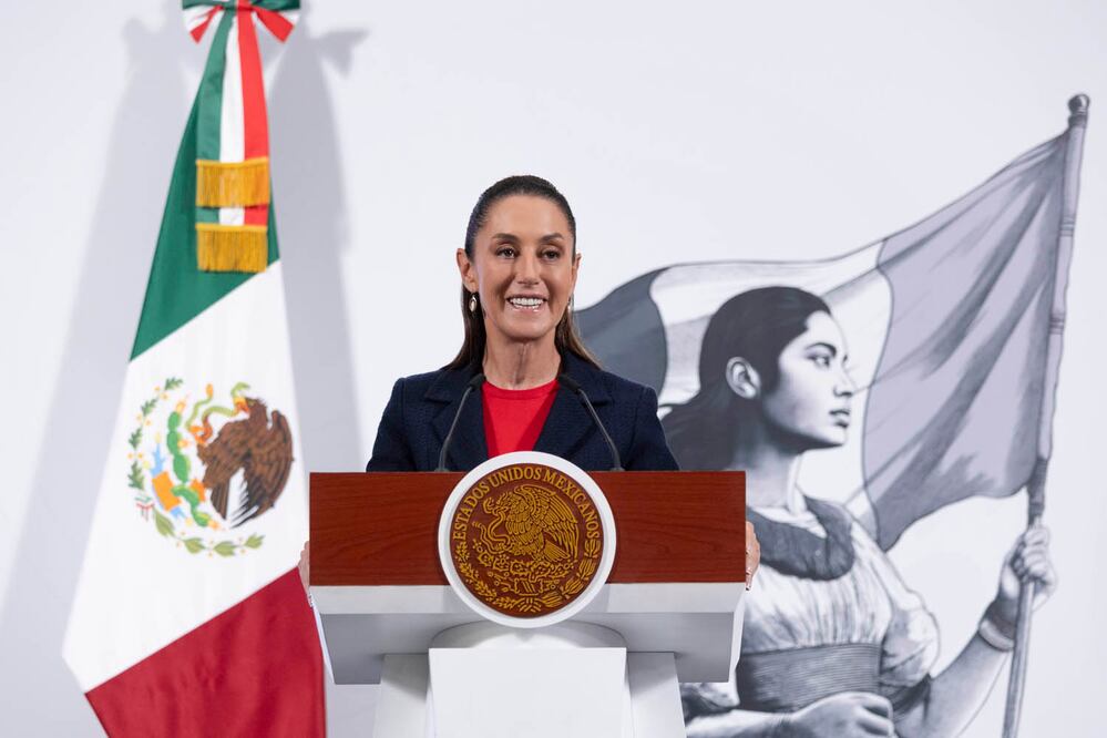 La presidenta Claudia Sheinbaum Pardo en conferencia de prensa matutina en el salón de la Tesorería de Palacio Nacional este 7 de julio del 2025. Foto: Presidencia.