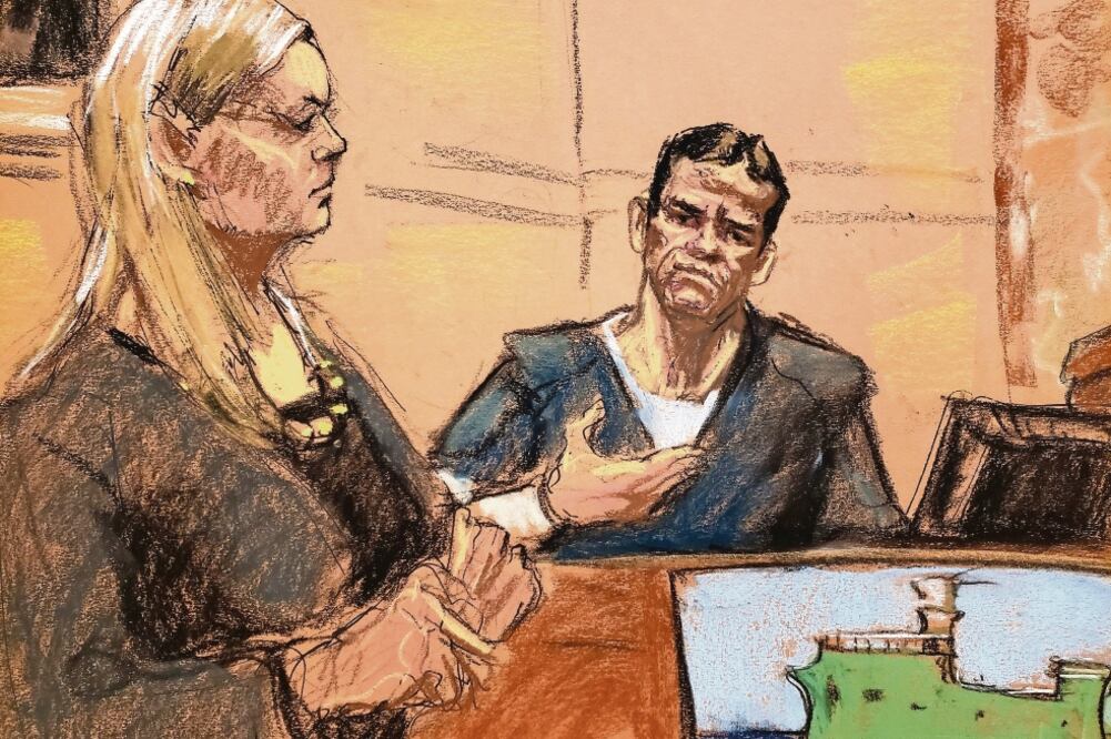 Juicio. Ilustración sobre la presentación de Vicente Zambada, uno de los testigos principales contra el Chapo, ayer, en Brooklyn, NY. (JANE ROSENBERG. EFE)