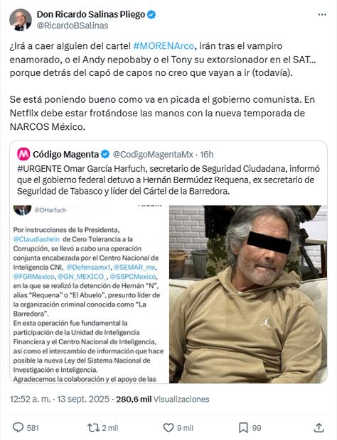 El empresario Salinas Pliego acusa al Gobierno de México de mantener vínculos con el crimen organizado. Foto: Captura de pantalla