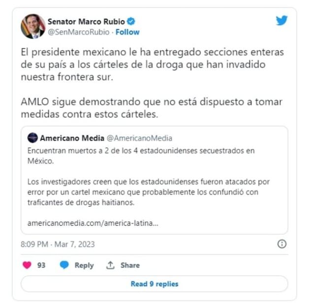AMLO no está dispuesto a actuar contra cárteles, afirma senador de EU, Marco Rubio