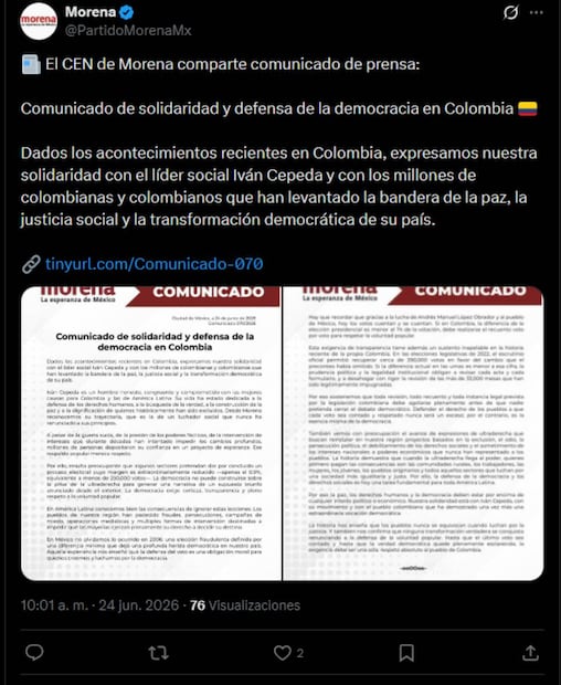 Morena se posicionó en contra del triunfo del conservador Abelardo de la Espriella en la segunda vuelta presidencial de Colombia y cerró filas con el candidato izquierdista Iván Cepeda. Foto: Captura