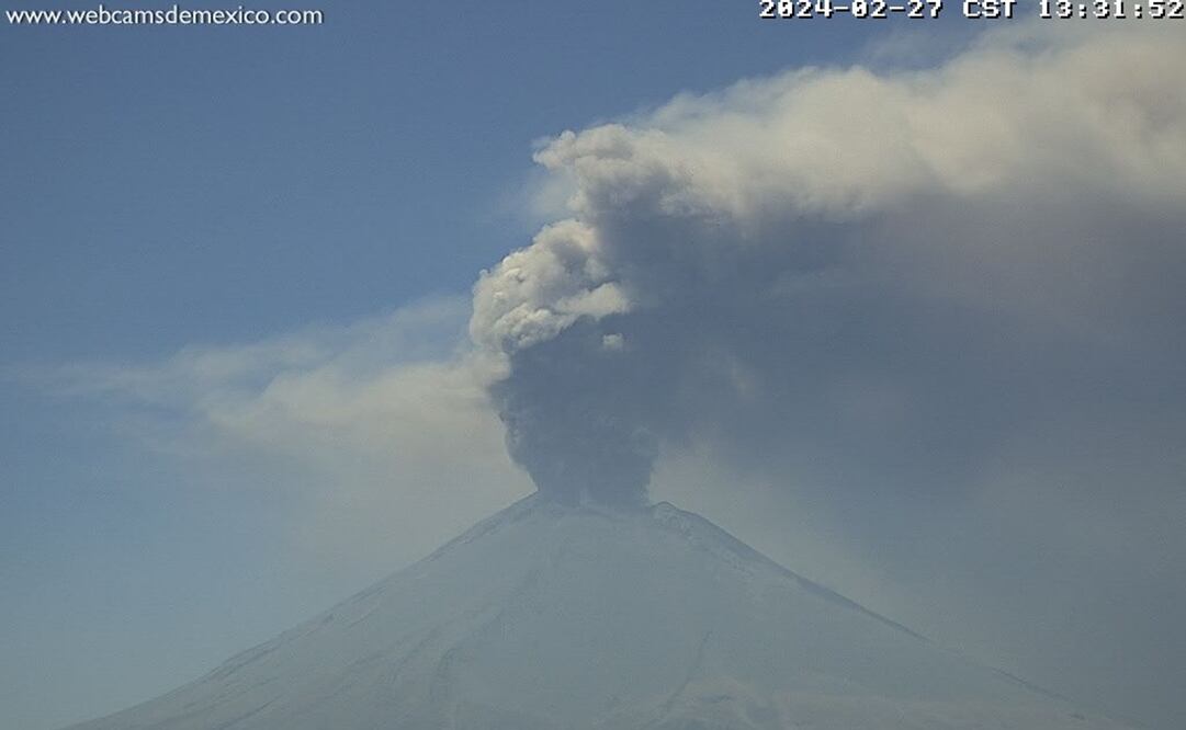 Actividad del volcán Popocatépetl este martes 27 de febrero. Foto: Webcams de México