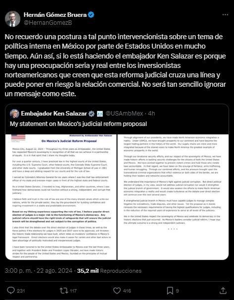 Gerardo Fernández Noroña opina sobre el posicionamiento del embajador Ken Salazar. Foto: Tomada de la cuenta de X de @HernanGomezB