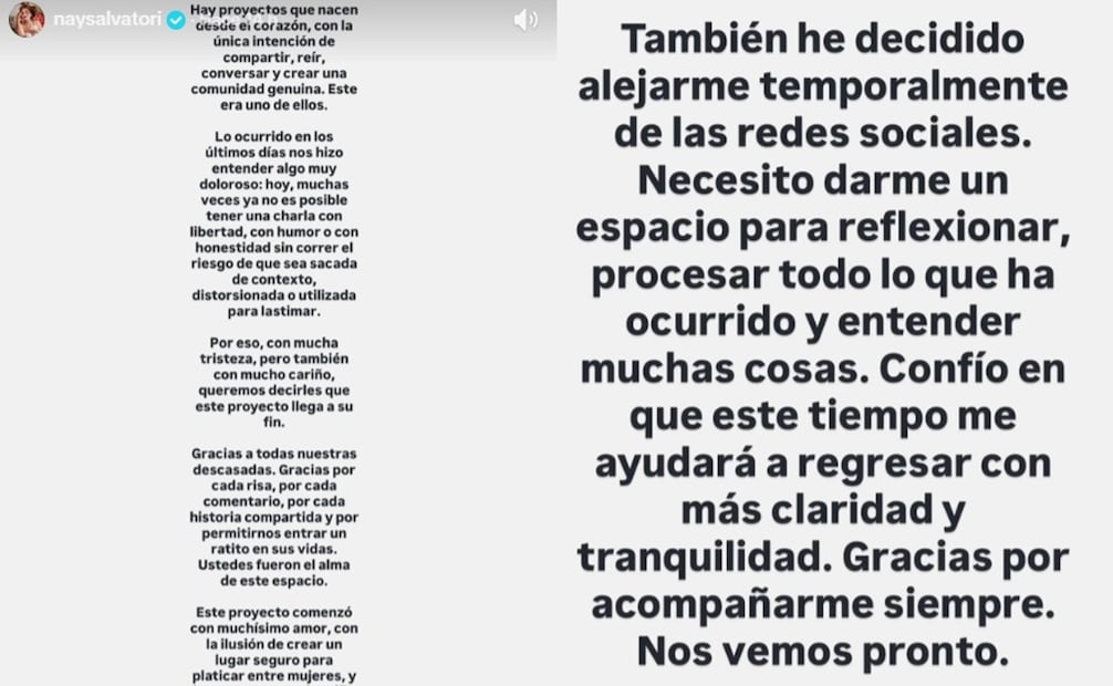 Nayeli Salvatori pone fin al podcast "Descasadas". Foto: Captura de pantalla
