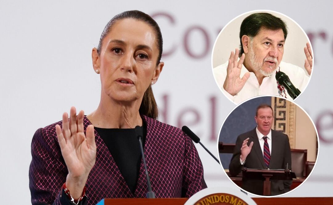 Conferencia matutina de la presidenta Claudia Sheinbaum en Palacio Nacional el 11 de junio de 2025. En el círculo: Gerardo Fernández Noroña, presidente del Senado y el Senador republicano, Eric Schmitt. Fotos: Diego Simón / EL UNIVERSAL, especial y tomada de la cuenta de @senericschmitt.