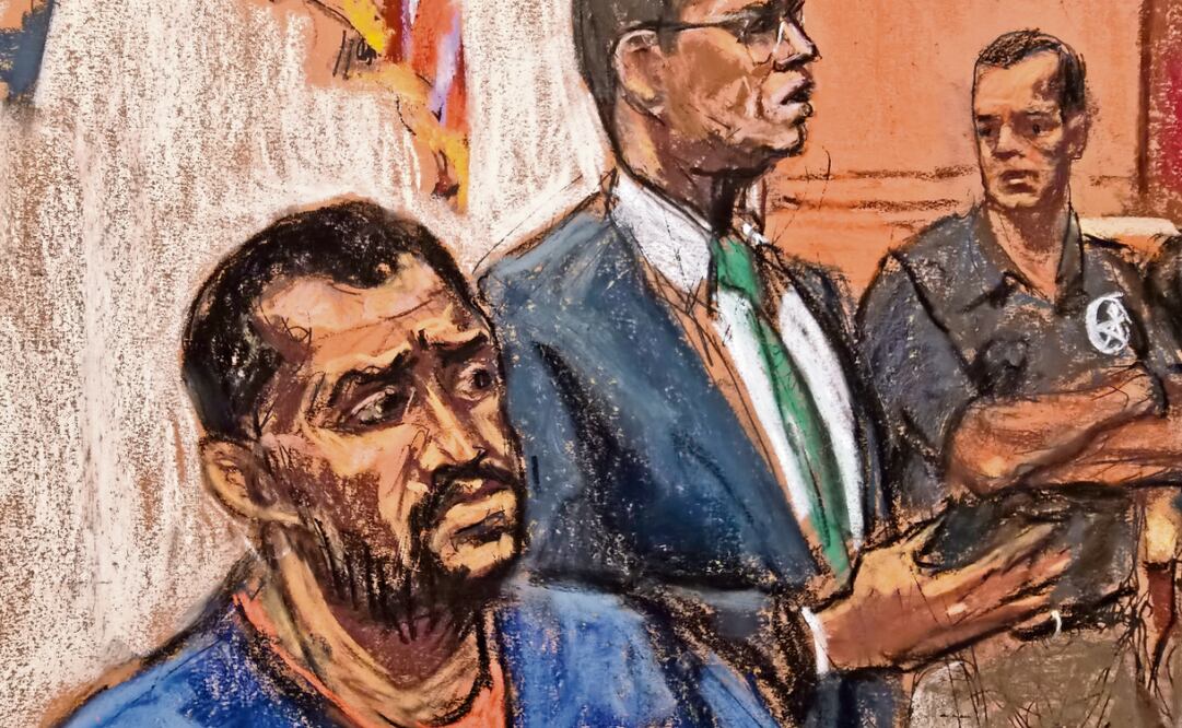 Fotografía de un dibujo realizado por la artista Jane Rosenberg en la que aparece Fito con su abogado, en la comparecencia de ayer en Nueva York. Foto: Jane Rosenberg / EFE