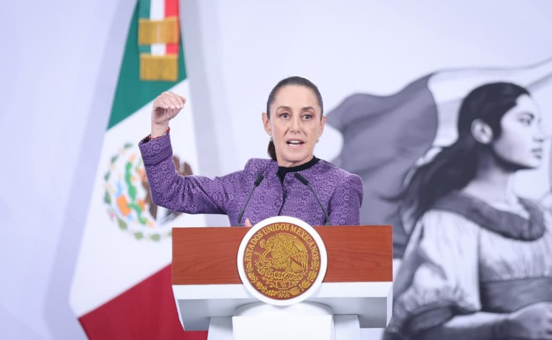 Presidenta Claudia Sheinbaum durante su conferencia de prensa matutina desde Palacio Nacional este miércoles 8 de abril de 2026. Foto: Luis Camacho/ EL UNIVERSAL