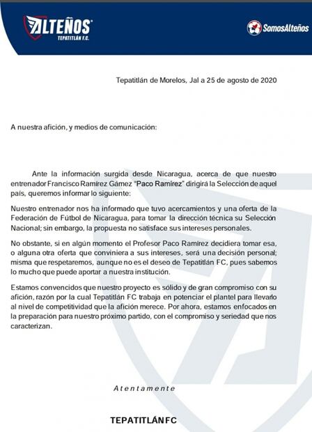 Paco Ramírez no dirigirá a Nicaragua; se queda en el Tepatitlán