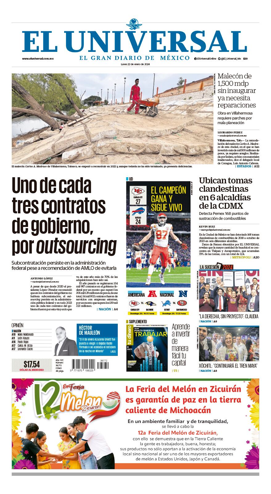 Portada impresa del 22 de enero del 2024