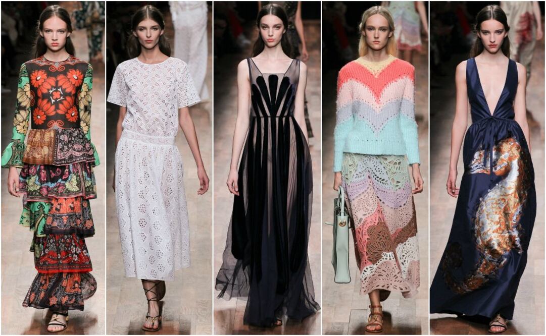 Para la temporada de primavera , los vestidos de Valentino resaltaron con una variedad de cortes y vuelos. Calados, colores, prints florales, y transparencias destacaron en la colección de Maria Grazia Chiuri y Pierpaolo Piccioli, en conjunto con sandalias planas tipo gladiador que lucieron las modelos peinadas a raya en medio y maquillaje natural.  
