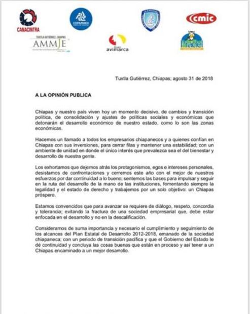 Llaman empresarios chiapanecos a mantener la unidad