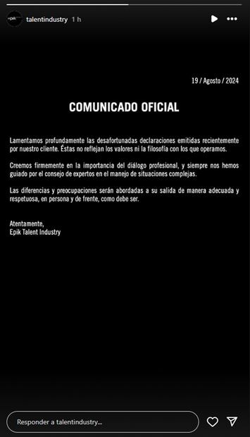 Comunicado de la agencia Epik Talent Industry.
Foto: Instagram