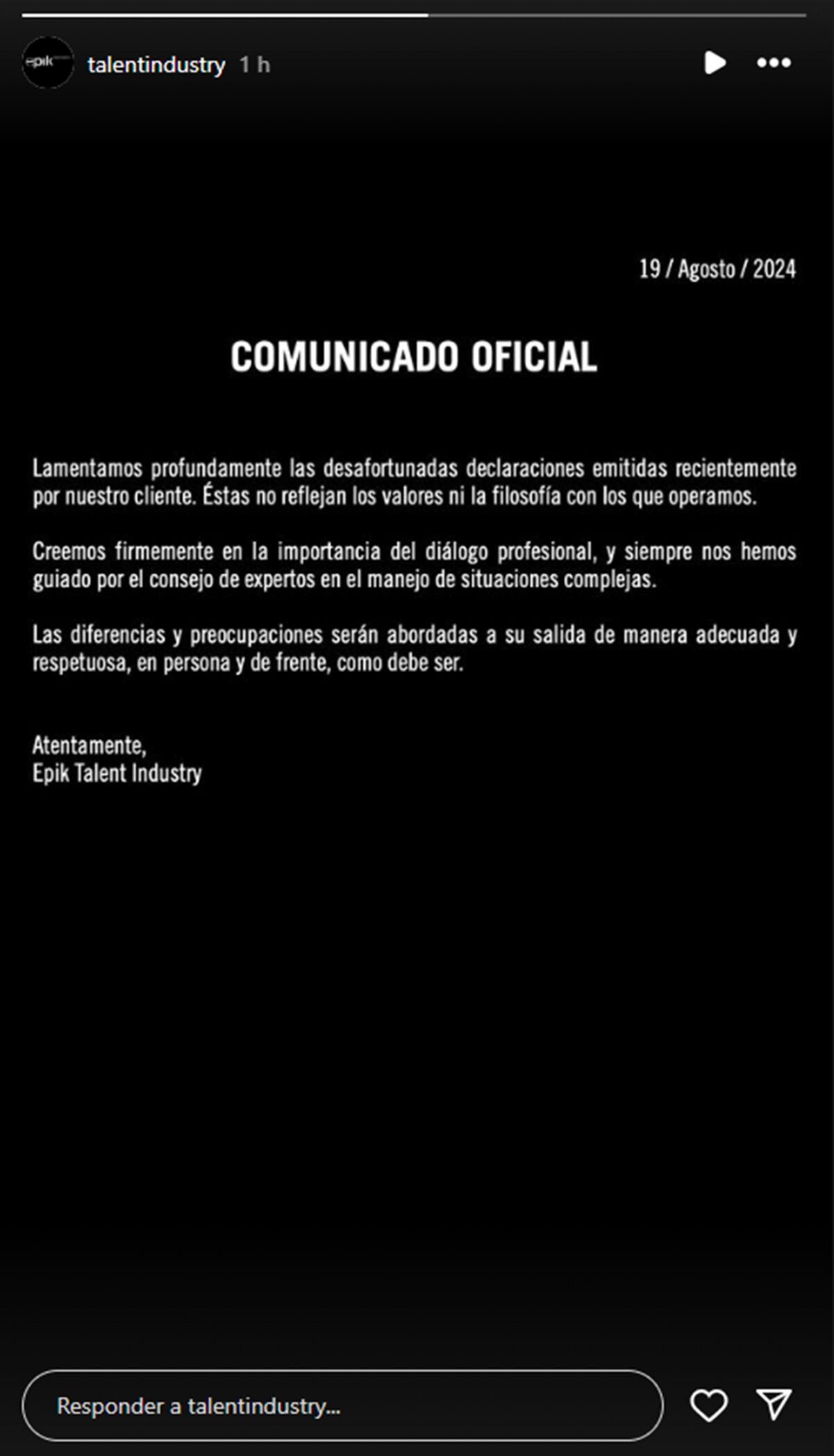 Comunicado de la agencia Epik Talent Industry.
Foto: Instagram