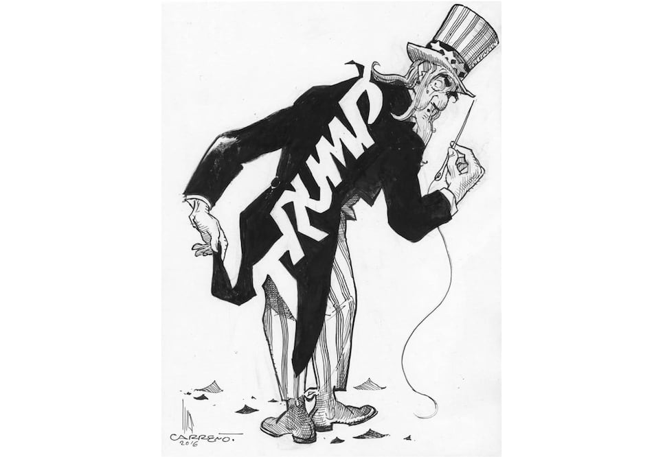 El cartón premiado “Urgente zurcido invisible” se publicó en estas páginas en noviembre de 2016, al conocerse el triunfo de Donald Trump en las elecciones de EU (ARCHIVO EL UNIVERSAL)