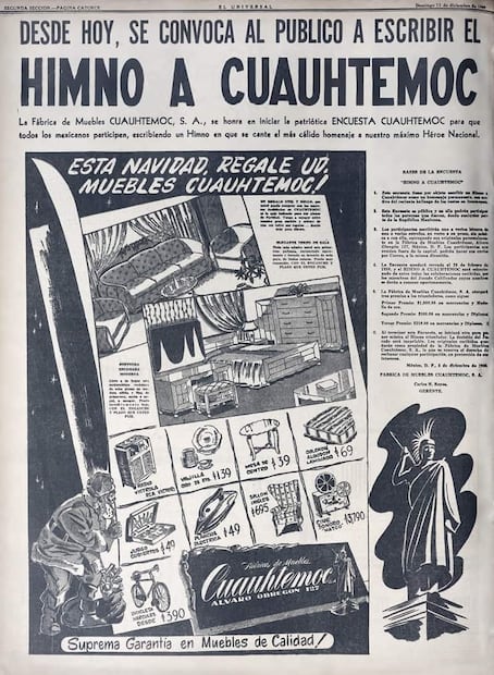 Tras el presunto descubrimiento de los restos de Cuauhtémoc, este negocio convocó a escribir un himno en honor al mexica caído en 1949. Foto: Hemeroteca EL UNIVERSAL