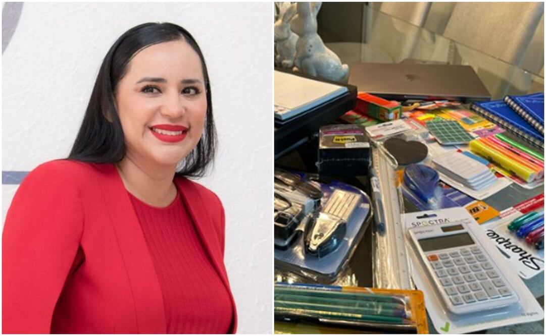 Los internautas la criticaron por los artículos escolares que aparecían en su foto, mencionando que parecían útiles “de primaria”, en lugar del grado que presumió haber obtenido. Fotos: X @sandracuevas_ / Archivo El Universal