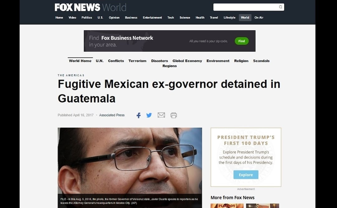 "Ex gobernador fugitivo mexicano es detenido en Guatemala" Fox News. (Captura de pantalla de: Fox News)