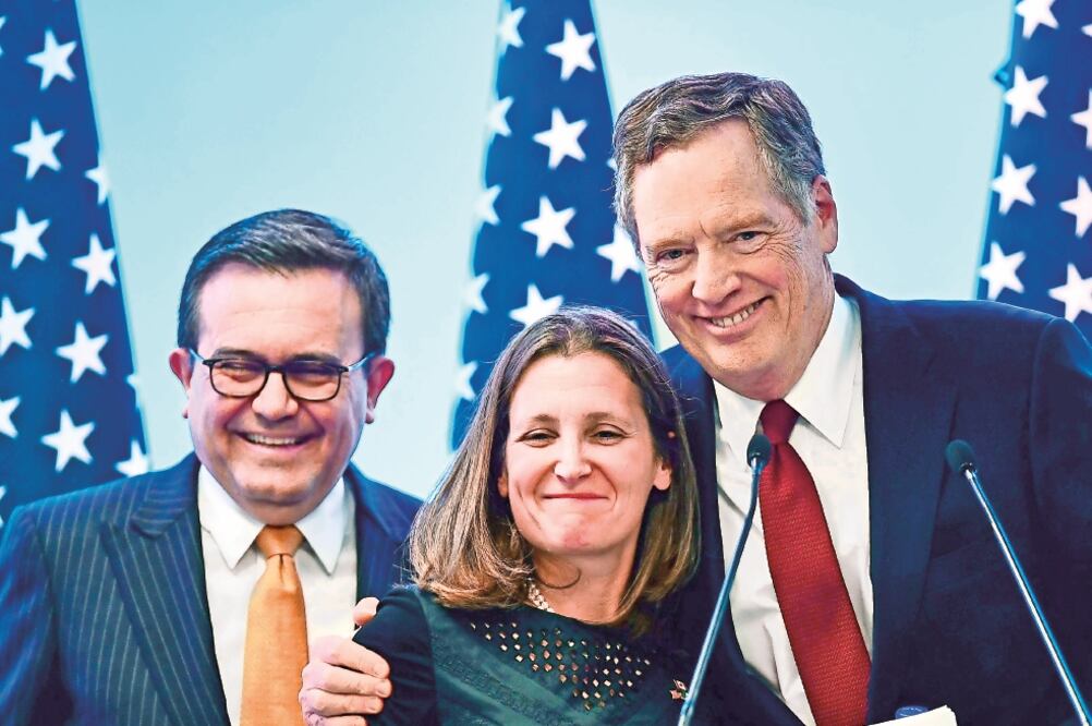 Ildefonso Guajardo, secretario de Economía; Chrystia Freeland, ministra canadiense de Relaciones Exteriores, y Robert Lighthizer, de EU, en marzo. Foto: ARCHIVO EL UNIVERSAL