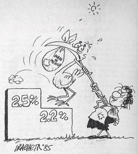 Caricatura de Sergio Iracheta, mayo 1985. El crecimiento anual disminuyó para los años 80 y se calculó que las políticas demográficas impidieron el nacimiento de 50 millones de mexicanos para finales del siglo XX. Foto: Hemeroteca EL UNIVERSAL.