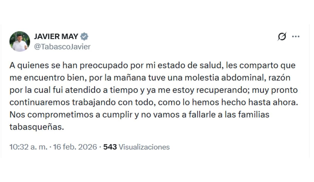 Reportan hospitalización de Javier May Rodríguez por molestia abdominal; se encuentra estable y en recuperación. Foto: Captura de pantalla