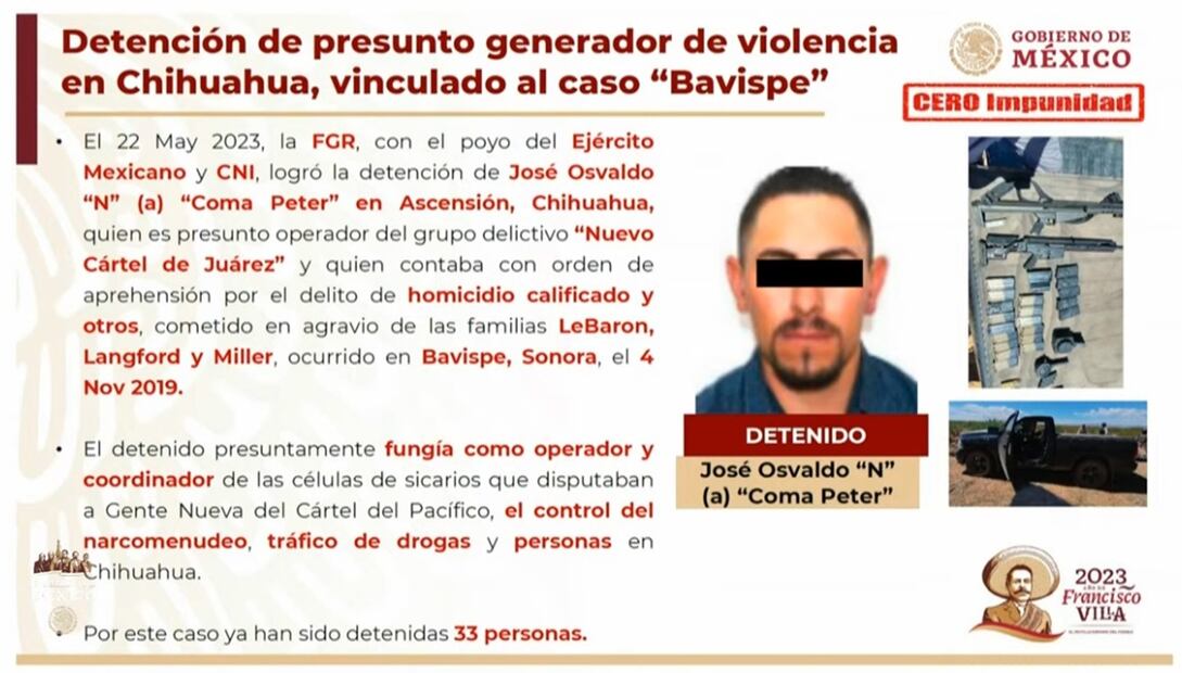 Luis Rodríguez Bucio, subsecretario de Seguridad Pública, informó que la Fiscalía General de la República logró la detención de José Osvaldo “N”, alías “Coma Peter” en Ascensión, Chihuahua, presunto operador del “Nuevo Cártel de Juárez