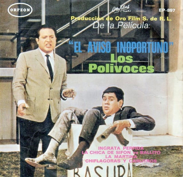 Disco de El Aviso Inoportuno, bajo el sello de Orfeón; la cinta incluyó canciones como Qué Bonita es mi Tierra e Ingrata Pérfida. Cuenca y Manzano se conocieron en la Hora del Imitador, programa de 1960; ambos ganaron el concurso de imitadores y decidieron unirse como Los Polivoces. Foto: ESPECIAL.