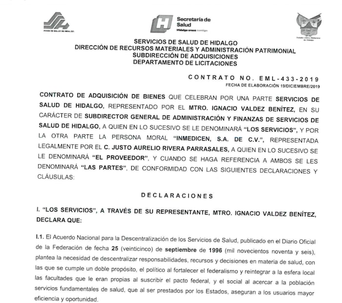 En 2019, Salud de Hidalgo otorgó un contrato de 21 mdp a la empresa del presunto operador financiero del Cártel. Imagen: Captura de pantalla.