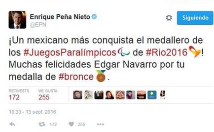 Peña Nieto felicita a Edgar Navarro por su medalla de bronce