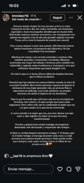 El mensaje de Brenda Zúñiga en Instagram / Foto: Captura de pantalla